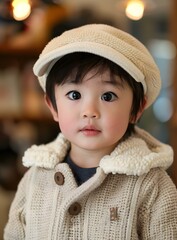 Cute Asian Baby Boy Wearing a White Knitted Jacket