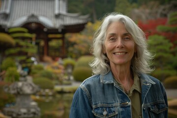 Wall Mural - Portrait of a smiling caucasian woman in her 60s sporting a rugged denim jacket in backdrop of a traditional japanese garden