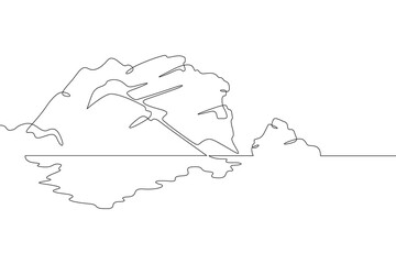 Wall Mural - Sea cliffs with reflection. Beautiful rocky coast. Mountain landscape. Seashore.One continuous line drawing on a white isolated background. Minimalism linear illustration.