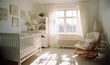 © Slanapotam - crib bed in the morning with sunlight coming through the window, cozy and warm nursery room bedroom