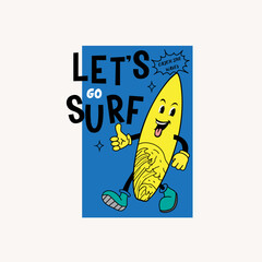 Wall Mural - Lets Surf funny Cartoon surf board poster t shirt design