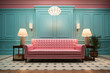 © Slanapotam - Bright sofa couch in hotel lobby with patterned tiled floor, pastel walls, colorful hotel interior,