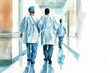 © tarakke - Medical professionals in scrubs walking down a bright, sterile hospital corridor, symbolizing teamwork and dedication in healthcare.