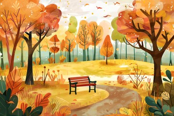 Wall Mural - A painting of a park with a bench and trees. The mood of the painting is peaceful and serene