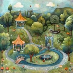 Wall Mural - A painting of a park with a bridge and a pond. The painting is full of trees and flowers, and there are several benches and umbrellas scattered throughout the scene