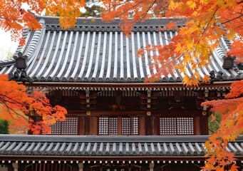 Poster - Japanese temple with red maple leaves in autumn