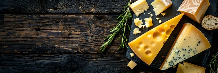 Wall Mural - A black and wooden table with a variety of cheeses and herbs. The cheeses include a yellow cheese, a blue cheese, and a white cheese