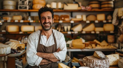 Cheese maker businesspeople, individual entrepreneur with workshop shelf. Traditional cheese store.