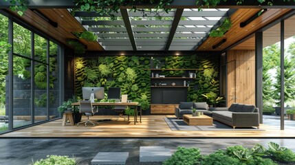 Wall Mural - an eco-friendly office with green walls and solar panels, showcasing sustainable design and environmental consciousness in a modern business setting, emphasizing green practices.