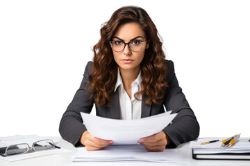 A businesswoman looks serious, focused, and is checking documents. Read the document carefully on a white background