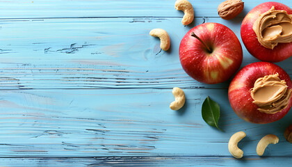 Wall Mural - Fresh red apple with peanut butter and nuts on light blue wooden table, top view