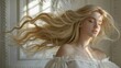 © Adi - fine art dream beauty girl. Blonde young woman. long flowing hair. fashion model posing in vintage room, white window.