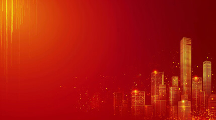 Wall Mural - Golden line particle outline of the city particle red background