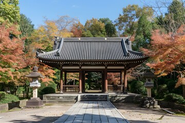 Poster - Traditional Japanese Pavilion with Autumn Foliage