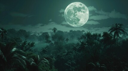 a tropical forest scene at night with the full moon shining brightly in the sky