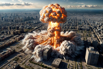 Wall Mural - Aerial view of nuclear explosion with blast wave in metropolis. Explosion of an atomic bomb with fire mushroom cloud in town's skyline, war in Earth. Global apocalyptic concept. Copy ad text space