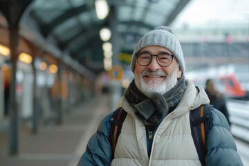 Wall Mural - Portrait of a happy man in his 50s dressed in a thermal insulation vest on modern city train station