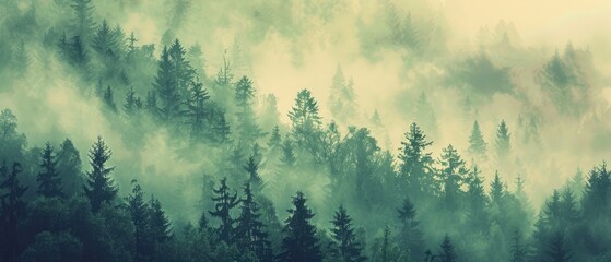 Wall Mural - Vintage retro style misty landscape with fir forest
