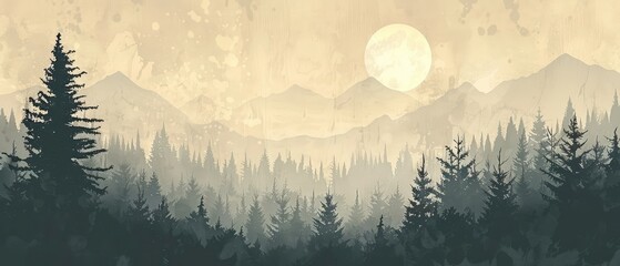 Wall Mural - Fir forest in vintage retro style misty landscape