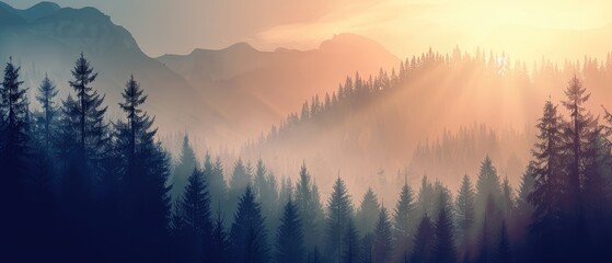 Wall Mural - Retro style misty landscape with fir forest in vintage