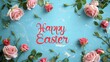 © Ya Ali Madad  - happy Easter written in the middle of the blue background with eggs and flowers decoration all around with empty copy space background wallpaper with rabbit playing on the celebration with egg