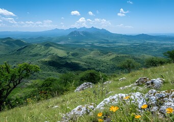 Canvas Print - Mountains and green fields