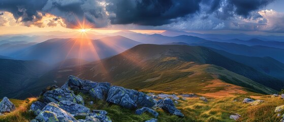 Wall Mural - Dramatic clouds and sun rays serene mountain landscape at sunrise