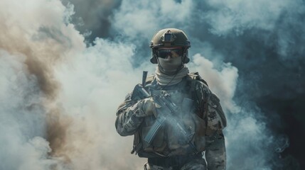 Special operations forces soldier, army ranger or commando in camo uniform, helmet and ballistic glasses walking at battlefield