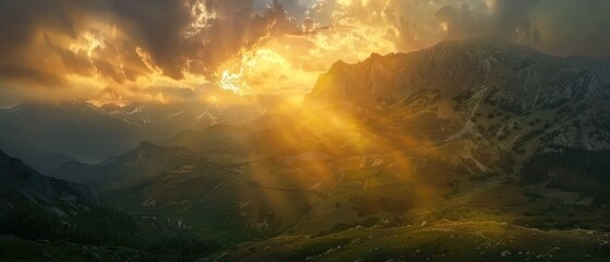 Wall Mural - Mountain landscape at sunrise with dramatic clouds and sun rays