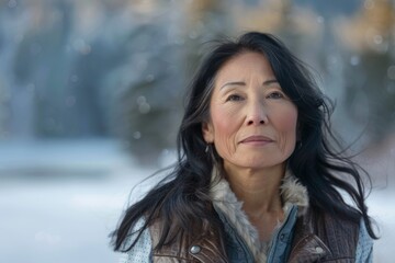 Wall Mural - Portrait of a glad asian woman in her 40s dressed in a polished vest in backdrop of a frozen winter lake