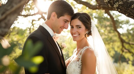 Wall Mural - Bride and groom smiling under tree. Beautiful young wedding couple outside in nature