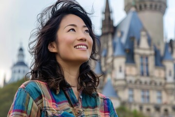 Wall Mural - Portrait of a satisfied asian woman in her 40s wearing a comfy flannel shirt while standing against backdrop of a grand castle