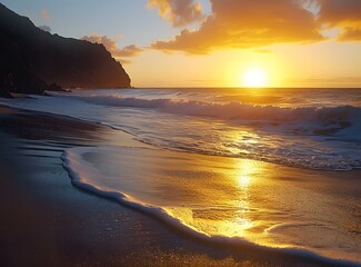 Canvas Print - The setting sun casts a golden glow on the beach