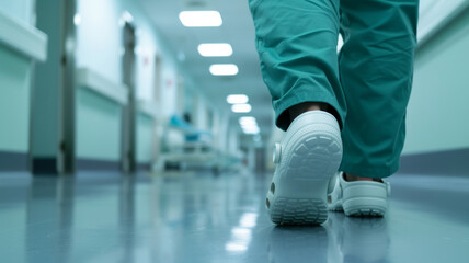 Legs of a doctor or nurse walking along an empty hospital corridor.