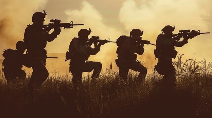 Team special forces. soldier assault rifle with silencer.Silhouette action soldiers hold weapons.military and danger concept