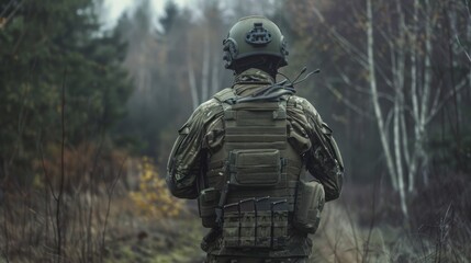 Wall Mural - The fighter of the special unit turned and threateningly looks at the enemy. Back view