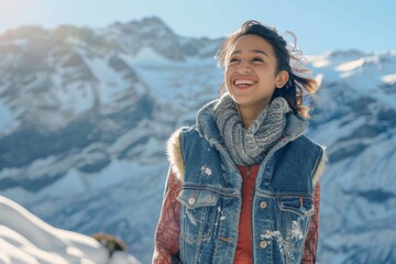 Wall Mural - Portrait of a cheerful indian woman in her 20s wearing a rugged jean vest on pristine snowy mountain