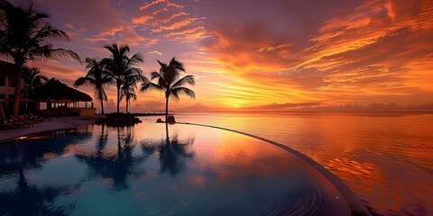 Poster - Palm trees and the setting sun reflect in the calm water of an infinity pool