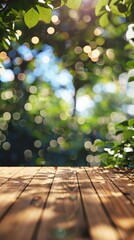 Wall Mural - Wooden table with bokeh and leafy canopy, nature background