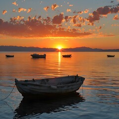 Wall Mural - Sunset over the Sea with Boats