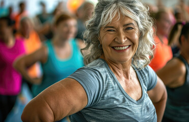 Sticker - smiling senior woman at an aerobics class with group of people, in the gym wearing light blue shirt and white towel around neck