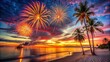 © Man888 - Vibrant fireworks explosion over calm Gulf of Mexico waters, sandy shoreline, and palm trees, silhouetted against a warm sunset sky in Naples, Florida.