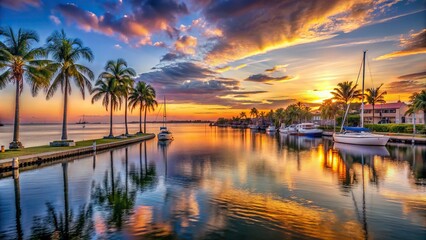 Wall Mural - Serene sunset casts a warm glow on the calm waters of the Bay Front, with palm trees and sailboats dotting the tranquil Naples shoreline.