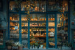 © VRAYVENUS - A quaint shop window filled with an assortment of products, with flowers blooming in front.