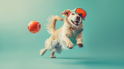 Wall Mural - Golden Retriever Dog Wearing Ski Goggles Leaping for a Ball