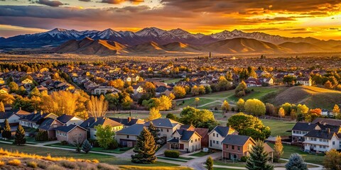 Golden hour casts a warm glow on the Rocky Mountains as the sun sets over sprawling suburban neighborhoods and rolling hills in Broomfield, Colorado.