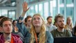 © sorin - Female student raising hand in lecture hall to ask a question for enhanced search relevance