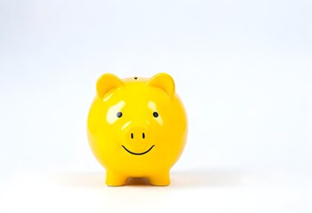 Wall Mural - Happy yellow ceramic piggy bank on white
