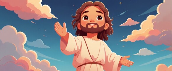 illustration jesus christ floating in the blue sky with white cloud