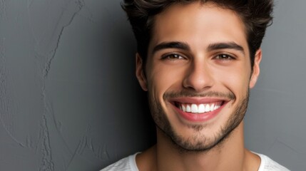 Wall Mural - Young man with beautiful smile on grey background. Teeth whitening